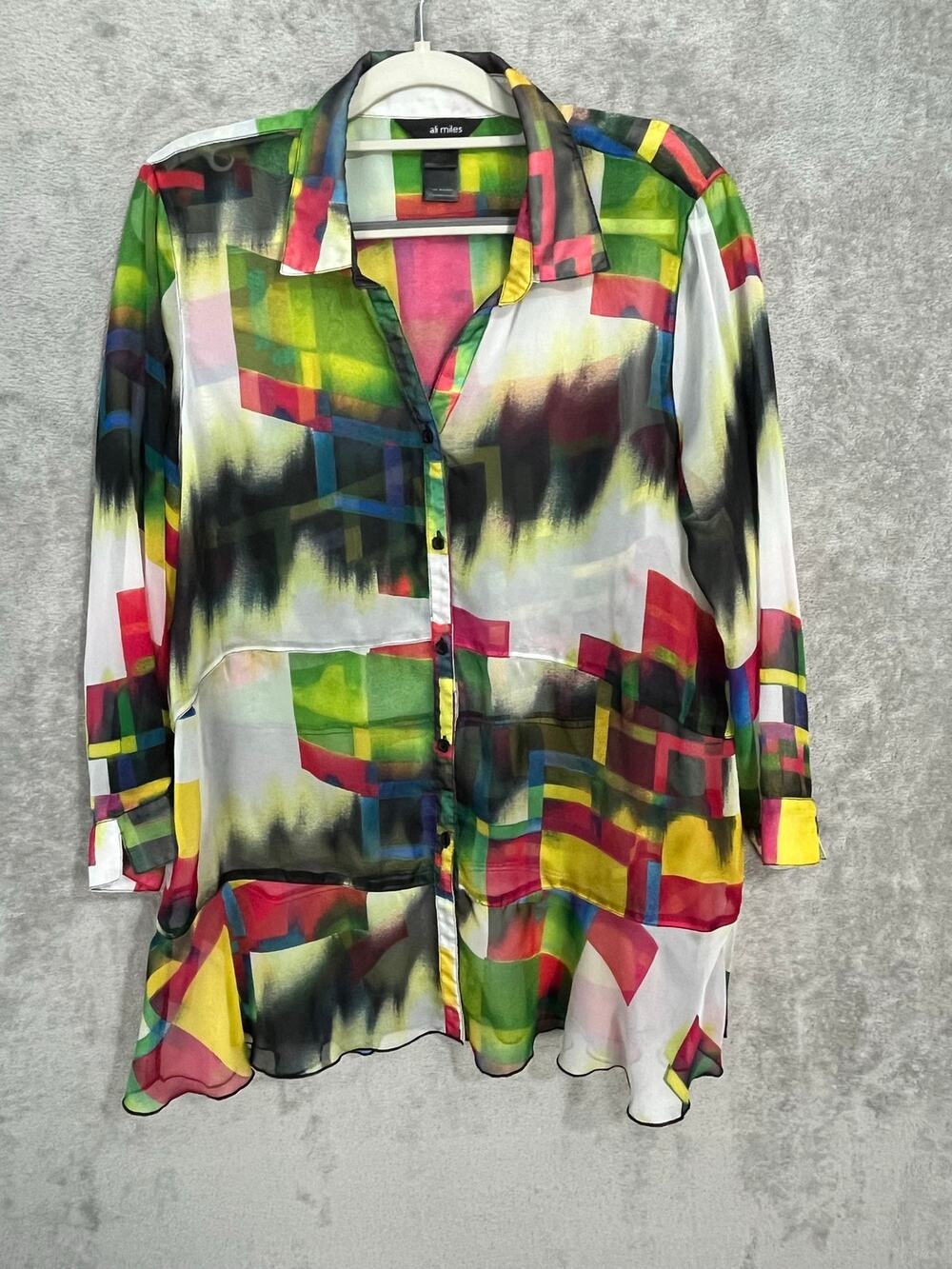 Ali Miles Blouse Large Sheer Abstract Peplum Hem Boho Office Artsy